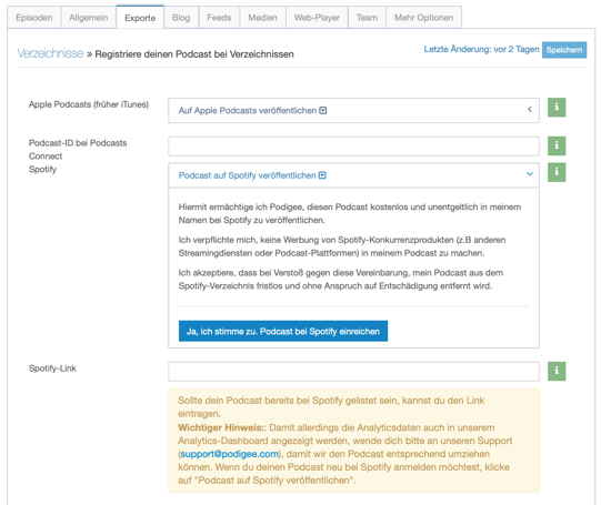 Podcast bei Spotify über Exporte einreichen
