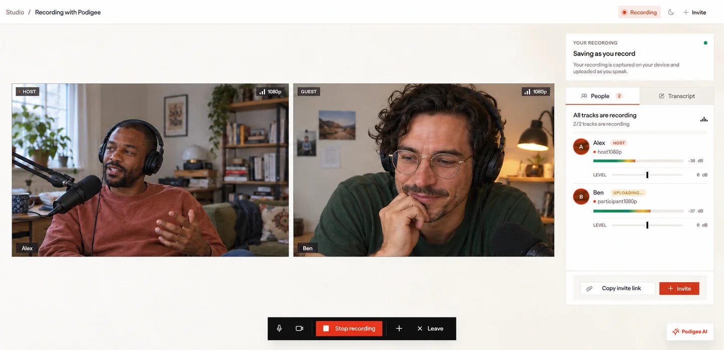 The Podigee Recording Studio during a recording: Alex as host and Ben as guest, both with headphones and a microphone, next to the levels of both tracks.