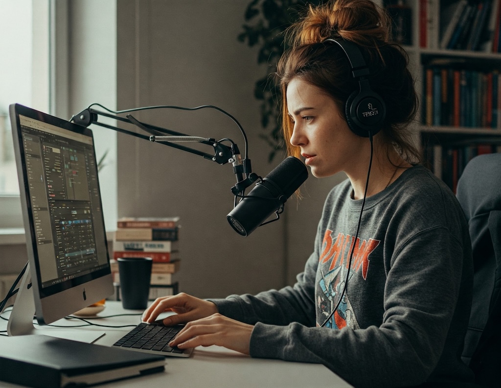 female podcaster editing podcast