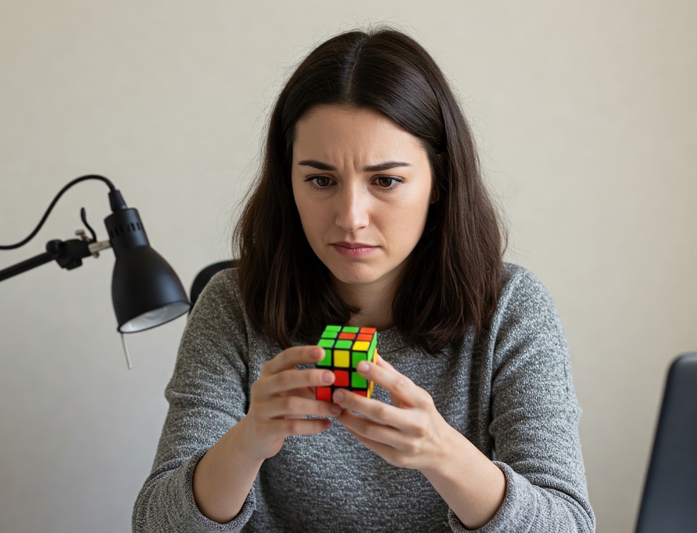 female solving Rubik cube