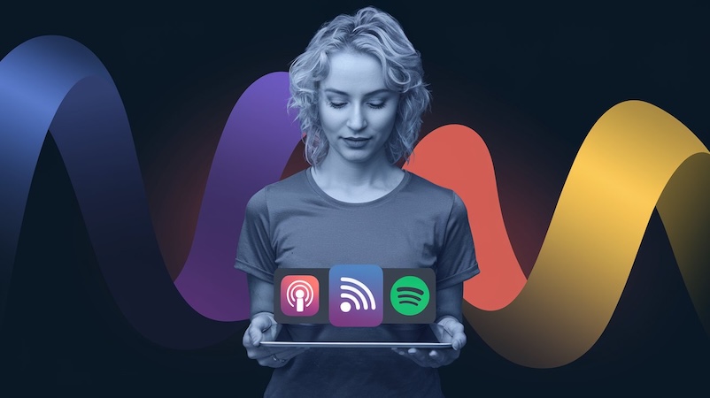 Logos of RSS, Apple Podcasts, Spotify, Amazon Music