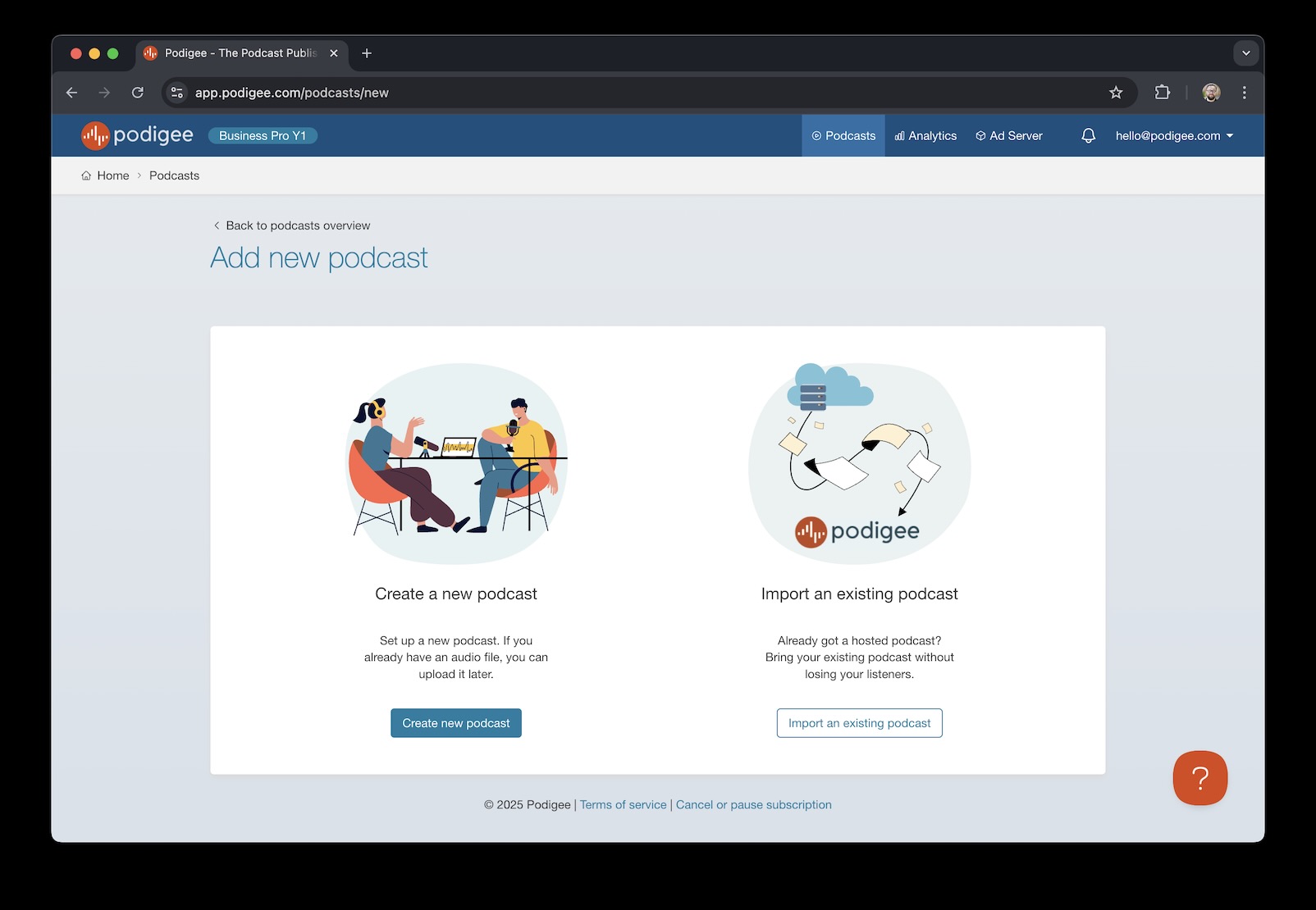 Podigee dashboard - create podcast